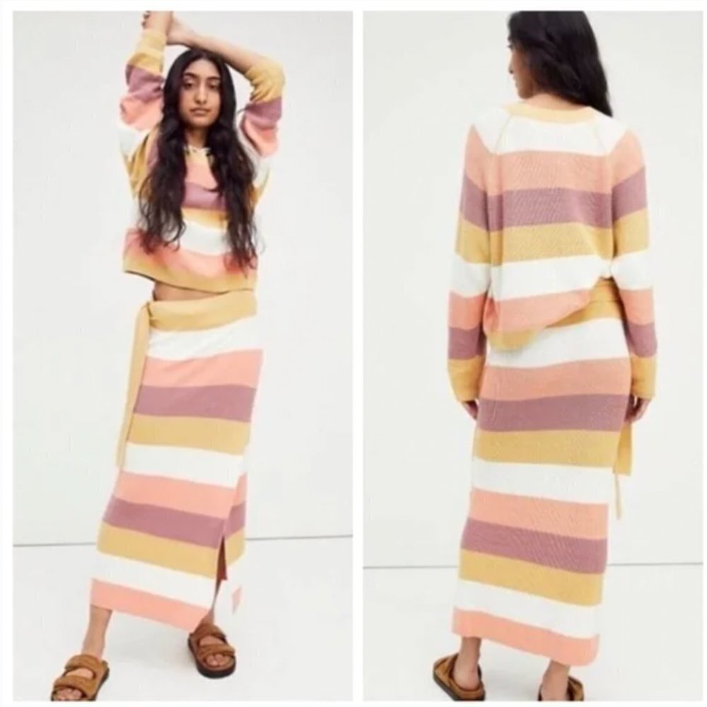 Free People Pastel Orange Stripe Knit Sweater Wrap Skirt Set